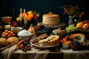 acción de gracias día o otoño composición con calabaza, naranjas, hojas o pollo. acción de gracias comida concepto por ai generado foto