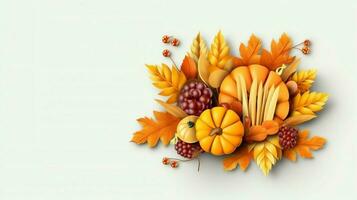 Thanksgiving day or autumn composition with pumpkin, oranges, leaves or chicken. Thanksgiving food concept by AI Generated photo