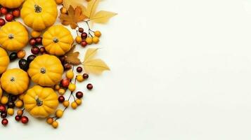 Thanksgiving day or autumn composition with pumpkin, oranges, leaves or chicken. Thanksgiving food concept by AI Generated photo