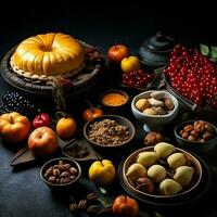 Thanksgiving day or autumn composition with pumpkin, oranges, leaves or chicken. Thanksgiving food concept by AI Generated photo