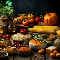 Thanksgiving day or autumn composition with pumpkin, oranges, leaves or chicken. Thanksgiving food concept by AI Generated photo