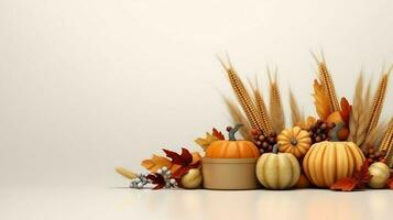 Thanksgiving day or autumn composition with pumpkin, oranges, leaves or chicken. Thanksgiving food concept by AI Generated photo