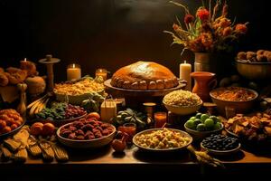 Thanksgiving day or autumn composition with pumpkin, oranges, leaves or chicken. Thanksgiving food concept by AI Generated photo