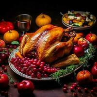 Thanksgiving day or autumn composition with pumpkin, oranges, leaves or chicken. Thanksgiving food concept by AI Generated photo