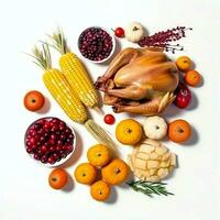 Thanksgiving day or autumn composition with pumpkin, oranges, leaves or chicken. Thanksgiving food concept by AI Generated photo