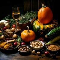 Thanksgiving day or autumn composition with pumpkin, oranges, leaves or chicken. Thanksgiving food concept by AI Generated photo