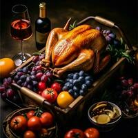 Thanksgiving day or autumn composition with pumpkin, oranges, leaves or chicken. Thanksgiving food concept by AI Generated photo