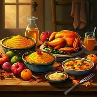 Thanksgiving day or autumn composition with pumpkin, oranges, leaves or chicken. Thanksgiving food concept by AI Generated photo