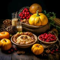 acción de gracias día o otoño composición con calabaza, naranjas, hojas o pollo. acción de gracias comida concepto por ai generado foto