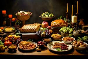 Thanksgiving day or autumn composition with pumpkin, oranges, leaves or chicken. Thanksgiving food concept by AI Generated photo