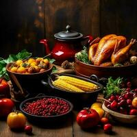 Thanksgiving day or autumn composition with pumpkin, oranges, leaves or chicken. Thanksgiving food concept by AI Generated photo