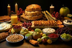 acción de gracias día o otoño composición con calabaza, naranjas, hojas o pollo. acción de gracias comida concepto por ai generado foto