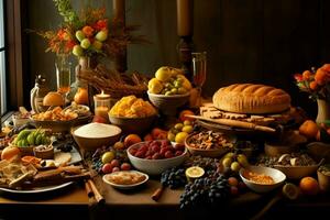 acción de gracias día o otoño composición con calabaza, naranjas, hojas o pollo. acción de gracias comida concepto por ai generado foto