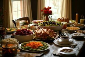 Thanksgiving day or autumn composition with pumpkin, oranges, leaves or chicken. Thanksgiving food concept by AI Generated photo