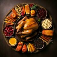 Thanksgiving day or autumn composition with pumpkin, oranges, leaves or chicken. Thanksgiving food concept by AI Generated photo