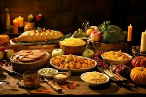 Thanksgiving day or autumn composition with pumpkin, oranges, leaves or chicken. Thanksgiving food concept by AI Generated photo