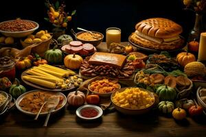 Thanksgiving day or autumn composition with pumpkin, oranges, leaves or chicken. Thanksgiving food concept by AI Generated photo