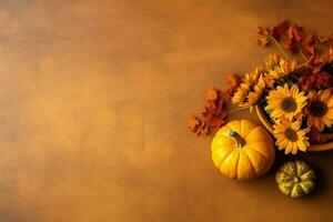 acción de gracias día o otoño composición con calabaza, naranjas, hojas o pollo. acción de gracias comida concepto por ai generado foto