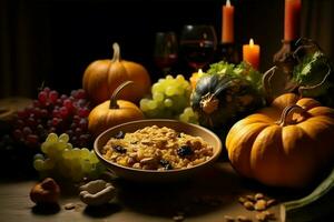 Thanksgiving day or autumn composition with pumpkin, oranges, leaves or chicken. Thanksgiving food concept by AI Generated photo