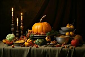 Thanksgiving day or autumn composition with pumpkin, oranges, leaves or chicken. Thanksgiving food concept by AI Generated photo