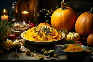 Thanksgiving day or autumn composition with pumpkin, oranges, leaves or chicken. Thanksgiving food concept by AI Generated photo