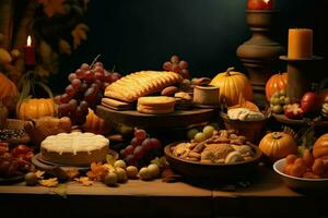 Thanksgiving day or autumn composition with pumpkin, oranges, leaves or chicken. Thanksgiving food concept by AI Generated photo