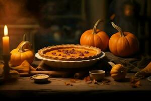 Thanksgiving day or autumn composition with pumpkin, oranges, leaves or chicken. Thanksgiving food concept by AI Generated photo