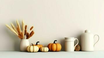 acción de gracias día o otoño composición con calabaza, naranjas, hojas o pollo. acción de gracias comida concepto por ai generado foto