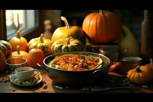 Thanksgiving day or autumn composition with pumpkin, oranges, leaves or chicken. Thanksgiving food concept by AI Generated photo