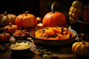 Thanksgiving day or autumn composition with pumpkin, oranges, leaves or chicken. Thanksgiving food concept by AI Generated photo