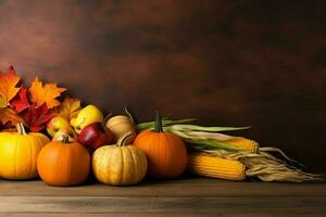 acción de gracias día o otoño composición con calabaza, naranjas, hojas o pollo. acción de gracias comida concepto por ai generado foto