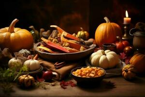 Thanksgiving day or autumn composition with pumpkin, oranges, leaves or chicken. Thanksgiving food concept by AI Generated photo