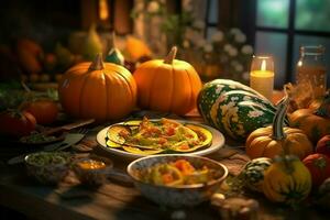 Thanksgiving day or autumn composition with pumpkin, oranges, leaves or chicken. Thanksgiving food concept by AI Generated photo