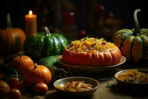 acción de gracias día o otoño composición con calabaza, naranjas, hojas o pollo. acción de gracias comida concepto por ai generado foto