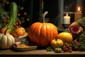 acción de gracias día o otoño composición con calabaza, naranjas, hojas o pollo. acción de gracias comida concepto por ai generado foto