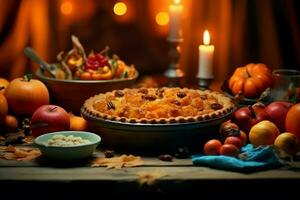 Thanksgiving day or autumn composition with pumpkin, oranges, leaves or chicken. Thanksgiving food concept by AI Generated photo