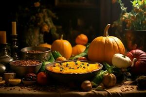 Thanksgiving day or autumn composition with pumpkin, oranges, leaves or chicken. Thanksgiving food concept by AI Generated photo