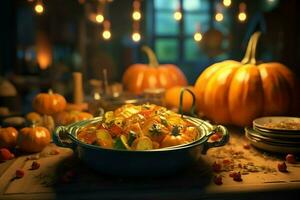 Thanksgiving day or autumn composition with pumpkin, oranges, leaves or chicken. Thanksgiving food concept by AI Generated photo