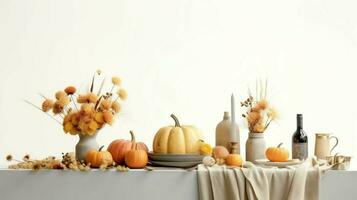 Thanksgiving day or autumn composition with pumpkin, oranges, leaves or chicken. Thanksgiving food concept by AI Generated photo