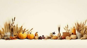 Thanksgiving day or autumn composition with pumpkin, oranges, leaves or chicken. Thanksgiving food concept by AI Generated photo