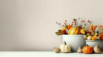 Thanksgiving day or autumn composition with pumpkin, oranges, leaves or chicken. Thanksgiving food concept by AI Generated photo