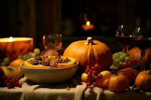 Thanksgiving day or autumn composition with pumpkin, oranges, leaves or chicken. Thanksgiving food concept by AI Generated photo