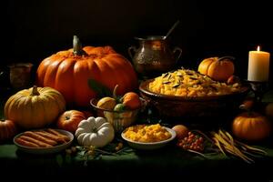 Thanksgiving day or autumn composition with pumpkin, oranges, leaves or chicken. Thanksgiving food concept by AI Generated photo