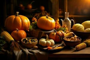 Thanksgiving day or autumn composition with pumpkin, oranges, leaves or chicken. Thanksgiving food concept by AI Generated photo