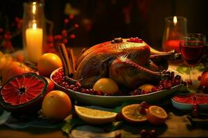 Thanksgiving day or autumn composition with pumpkin, oranges, leaves or chicken. Thanksgiving food concept by AI Generated photo