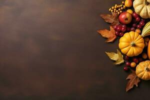 Thanksgiving day or autumn composition with pumpkin, oranges, leaves or chicken. Thanksgiving food concept by AI Generated photo