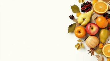 Thanksgiving day or autumn composition with pumpkin, oranges, leaves or chicken. Thanksgiving food concept by AI Generated photo