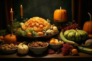 acción de gracias día o otoño composición con calabaza, naranjas, hojas o pollo. acción de gracias comida concepto por ai generado foto