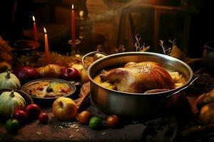 Thanksgiving day or autumn composition with pumpkin, oranges, leaves or chicken. Thanksgiving food concept by AI Generated photo