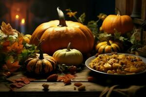 acción de gracias día o otoño composición con calabaza, naranjas, hojas o pollo. acción de gracias comida concepto por ai generado foto